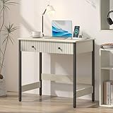 Manora 80cm Breit Schreibtisch Weiss mit Schubladen,Computertisch,Bürotisch,Holz Tisch mit Ladefunktion für Studie & Büro