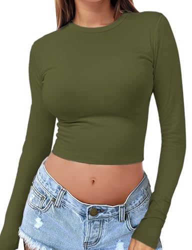 Haut court à manches longues pour femme : t-shirt basique et ajusté à col rond