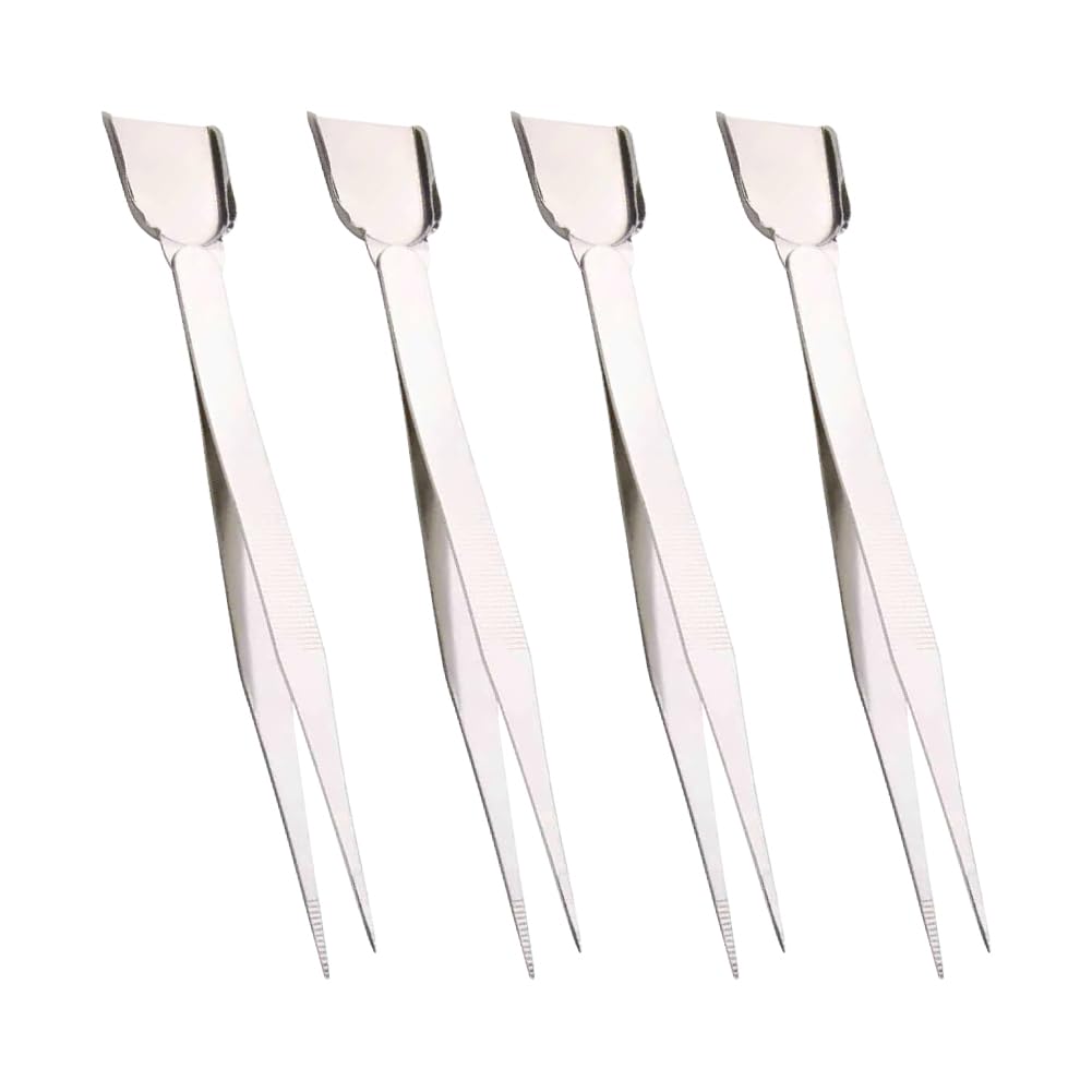 HugeDE 4 Pcs Stainless Steel Handy Tweezer Diamond Gem Tweezers Small Cake Decorating Shovel Craft Jewelry Beading Tweezers with Scoop for Cookie Cupcake