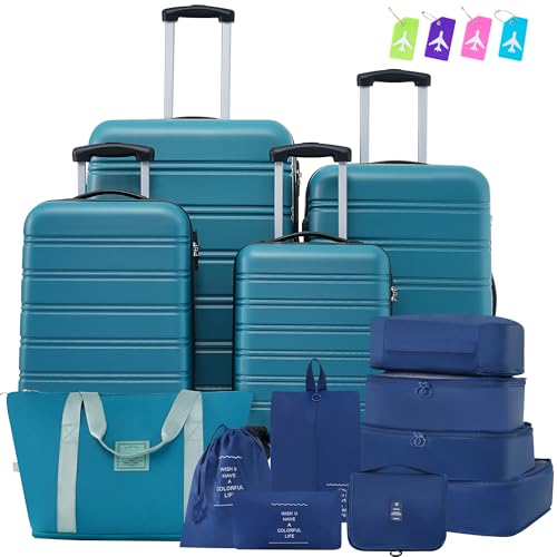 Durable Lightweight 4-Piece Hardshell Luggage Set with Spinner Wheels, Blue, 16