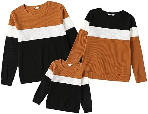 PATPAT Family Matching Sweatshirt Colorblock Brown Black White Crewneck Long Sleeve Pullover Tops