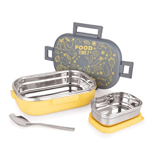 Image of Attro Food Time Stainless Steel Lunch Box, Airtight & Leak Proof - 2 Containers with Spoon (Big 750 Ml & Small 250 Ml) for Office Use, School, Picnic - Grey & Yellow