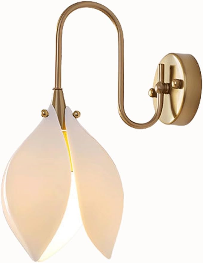 Modern Nordic Wall Sconce Iron Brass Finish & Ceramic Flower Petal Shade Wall Lamp for Living Room Bedroom Bedside Hallway Entryway Dining Room Hotel Floral Decor Ambient Lighting Fixture