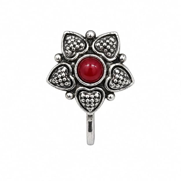 Jewellery Adorable Oxidised silver finishing Red stone stud Floral Design Nose Pin | Ring | Without Piercing | Adjustable | Nose Ring | Nathiya|Nathani | For Festival |Navratri For womens & Girls.-image-45