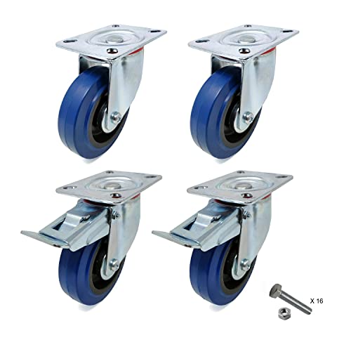 Castors Wheels - Kit 4 Ruote 100 mm in gomma elastica blu 2 con freno ad alta portata - rotella girevole con supporto a piastra - portata max 480 kg - Ruota per carrelli, banchi da lavoro e cassoni