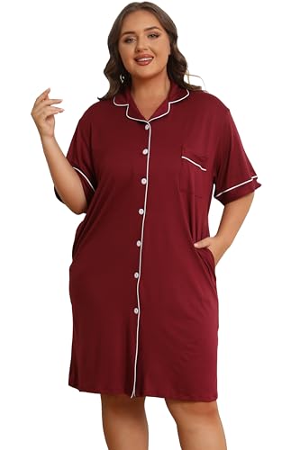 Image of Vozanet Women Button Down Nightgown Plus Size Nursing Nightshirt Boyfriend Nighty Bridal Sleepdress with Pockets XL-5XL
