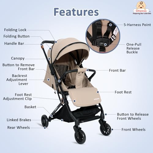 Image of Infantso RIDE-X Baby Stroller / Pram for Baby with 5 Point Safety Harness, Multi Level seat Recline & Spacious Cushioned seat, One-Hand Fold and 360 Rotating Wheels, Travel Friendly, Extendable Canopy, Adjustable Footrest, Shock Absorption Wheels, Lightweight Stroller for 0 to 3 Years (Beige)