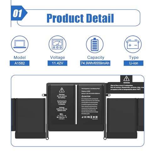 Image of A1582 A1502 MacBook pro Laptop Battery Replacement for MacBook Pro 13 Inch Retina A1502 (Early 2015 Mid 2014 Late 2013) Laptop Battery A1493 A1582 [6559mAh 11.42V 74.9Wh]