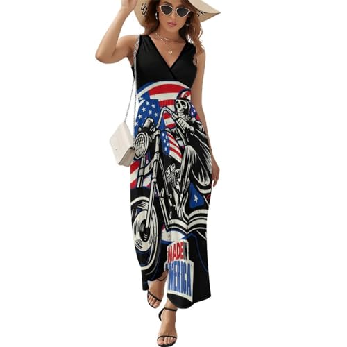 Robe maxi col V imprimé moto squelette sans manches pour femme