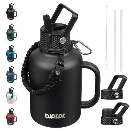 Image of BJPKPK Large Insulated Water Bottles with Straw Lid & Handle, 50oz Water Bottle with 3 Lids and Paracord Strap, Stainless Steel Metal Water Bottle, Insulated Water Jug, Black