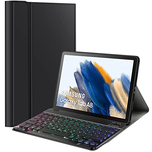 LIBOZMKO Tastatur Hülle für Samsung Galaxy Tab A8 10.5 2022,QWERTZ Beleuchtete Abnehmbare Kabellose Tastatur mit TPU Hülle für Samsung Galaxy Tab A8 10,5 Zoll (SM-X200N/SM-X205N), Schwarz Cover