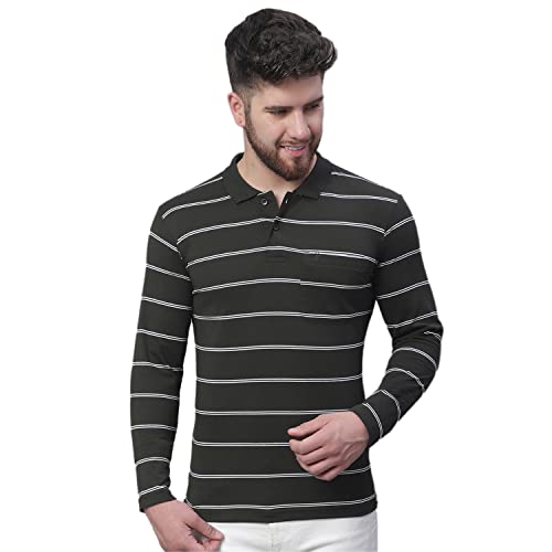 Image of Venitian Men Striped Cotton Polo Neck Full Sleeves T-Shirt with Pocket
