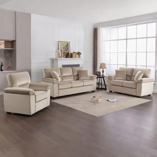 Image of Anderson Sofa Set for Living Room | Sectional Sofas | Premium Leather Sofa for Home Office | Leather Sofa Set | Leatherette Sofa (Beige Fabric, 3+2+1 Seater)