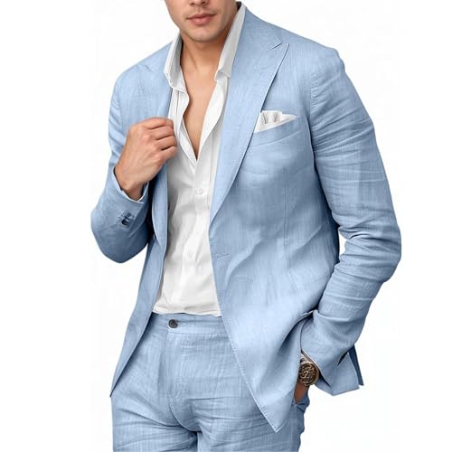Mens Linen Suit Slim Fit 2 Piece Set Linen Suits for Men Beach Wedding Suit for Groom One Button Blazer Pants