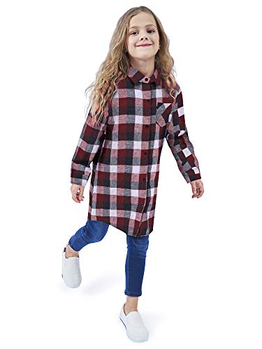 Image of OCHENTA Girls Flannel Shirt Dress 100% Cotton Plaid Button Down Buffalo Check Long Sleeve Kids School Outfits (3-12Y)