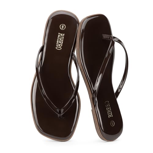 Image of Rihero Flip Flops for Women Comfortable Square Toe Beach Sandals Slip On Leather Thong Flat Sandals Dressy