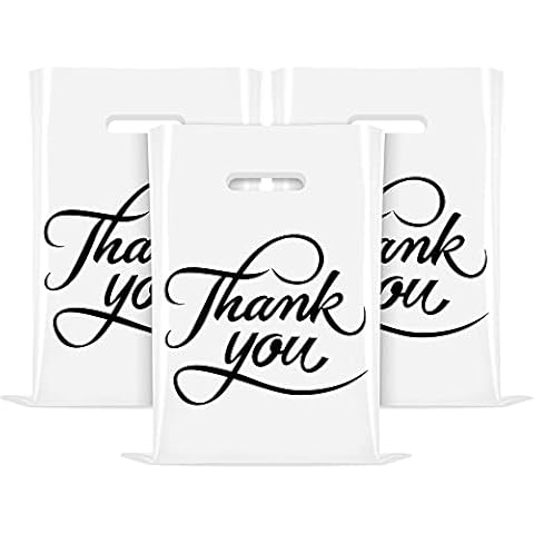 Zoe Deco Plastic Merchandise Bags for Retail Shopping (White, 12x15 inch / 30x38 cm, 100 Count), Printed Thank You Goodie Bags, Extra Thick 2.36 mil Reusable Boutique Bags/Gift Bags Cover