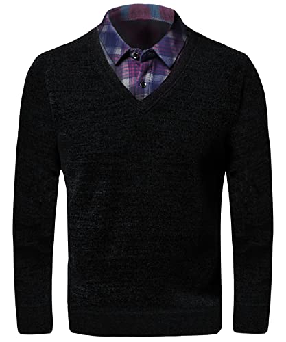 yukirtiq Slim Fit 2 in 1 Jersey de Punto con Cuello en V para Hombre Manga Larga Invierno Suéter de Jersey Cómodo Chenille Cover