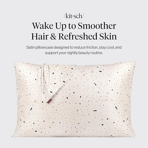 Image of Kitsch Satin Pillowcase with Zipper - Standard Size, White Terrazzo | Softer Than Silk Pillow Cases, Smooth Cooling Satin Pillow Case for Hair and Skin, Wrinkle-Free, Machine Washable