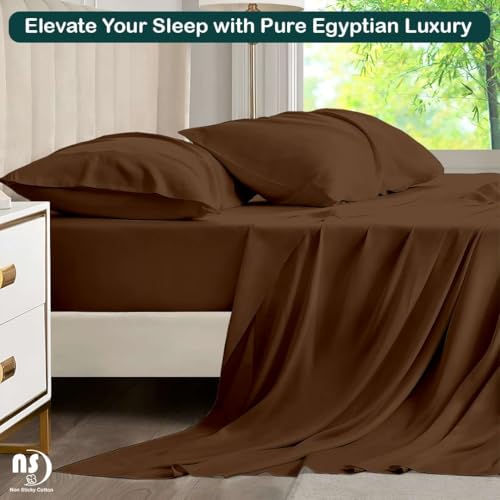 Image of NON Sticky cotton Premium 4 Piece Egyptian Cotton Fitted Queen Sheet Set, Hotel Quality Soft Breathable Bedding Sheets, 15 inch Deep Pocket, 60 inch X 80 inch, Chocolate Solid