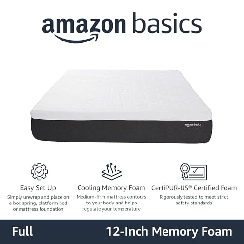 Image of Amazon Basics Cooling Gel-Infused Memory Foam Mattress, Firm, Breathable, Full Size, CertiPUR-US Certified, 75 x 54 x 12 inches, White /Gray
