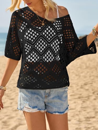 Fisoew Womens Crochet Cover Up Tops Summer Short Sleeve Hollow Out Sweater Shirts Boho Beach Swimsuit Coverups Black — view 5