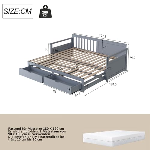 Moimhear Multifunktionales Zwei-in-Eins-Tagesbett 90 (180) x 190 mit Kiefernbett, Schubladen und Ausziehbett (Gray) – Bild 3