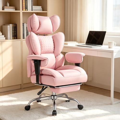 Image of Big and Tall Office Chair 350 LBS, Scratch-Resistant PU Leather Executive Office Desk Chair with Footrest, Ergonomic Reclining Computer Chair with Pocket Spring Support for Home Office, Pink
