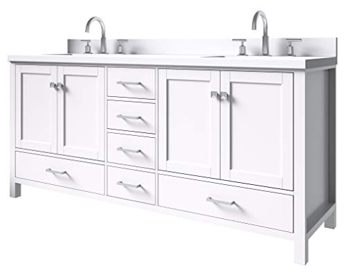 Ariel Double Bathroom Vanity 73" White With 1.5" Edge Pure White Quartz Countertop & Splashes, Center Rectangular Sinks, 4 Soft Closing Doors, 6 Full Extension Dovetail Drawers, Brushed Nickel #TOP3