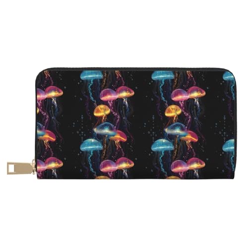 Leather Thin Slim Wallets for Women & Men - Colorful Jellyfish A Print Card Wallet Holder with Zipper