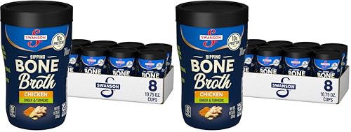 Swanson Sipping Chicken Bone Broth With Ginger and Turmeric, 10.75 oz Microwavable Cup (16 Pack)