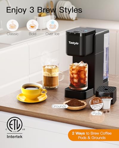 Single Serve Hot & Iced Coffee Maker with Strong Brew, 40oz Removable Reservoir, 6 Brew Sizes, Compatible with K Cup and Grounds, Compact for Home, Office, RV and Dorm, Black (2.0 Version)