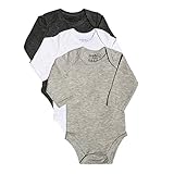 123 Bear Baby 3-Pack Soft Cotton Spandex bodysuits (Gray Long-Sleeve, 0-3 Months)