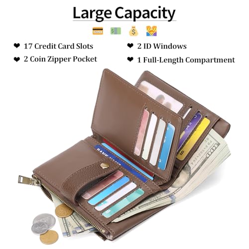Image of SENDEFN Small Wallet for Women Leather RFID Blocking Wristlet Wallet Credit Card Holder with Double Zipper Coin Purse Ladies Bifold Purse