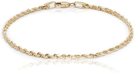 Floreo 10k Yellow Gold 2.25 Solid Diamond Cut Rope Chain Bracelet and Anklet for Men and Women, 11 Inch