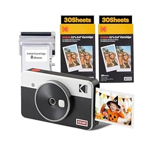 KODAK Mini Shot 2 Retro 4Pass 2-in-1 Instant Camera and Portable Photo Printer (5.3 x 8.6 cm) plus Package with 68 Sheets, White