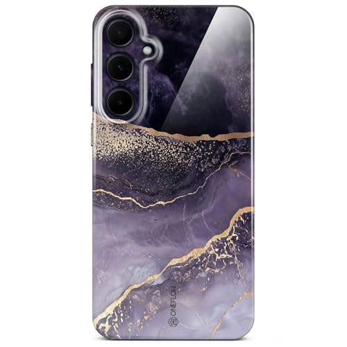 Coque Samsung A35 5G marbre violet et paillettes dorees avec protection camera