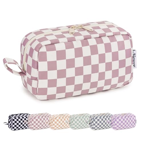 Image of Narwey Checkered Makeup Bag, Travel Cosmetic Bag Organizer, Toiletry Bag Make Up Bags with Organized Pockets for Women (Dusty Rose Checkerboard, Large)