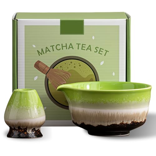 PRITOK Cuenco de matcha verde: 2 piezas 18 OZ Matcha Chawan Hecho a mano para la ceremonia matcha, cuenco de cerámica matcha con boquilla