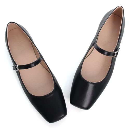 Image of TN TANGNEST Leather Flats for Women Retro Mary Jane Flats | Comfortable Square Toe Slip On Flats with Buckle Strap, Soft Work Flats Office Shoes