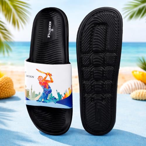 Image of Men's Cricket Edition Printed Sliders | Lightweight EVA Cushioned Slip-On Flip Flops | Anti-Skid Casual Bathroom, Home & Outdoor Sandals for Boys & Men