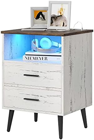 Lvifur LED Nightstand Dimmable with Charging Station and Human Body Sensor for Bedroom Furniture, Modern Bedside Table Night Stand Side Bed Table with 2 Drawers