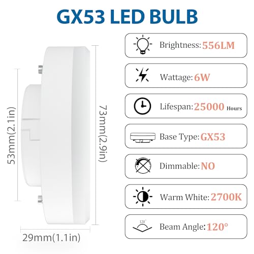 LUTW GX53 LED Bulb Warm White, 6W Replace 50W Halogen or CFL Bulbs, 2700K 556 Lumens GX53 Light Bulbs, 120° Beam Angle - Image 2