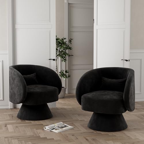 Nolohoo Swivel Barrel Chair Set of 2, Upholstered Swivel Cuddle Accent Chairs for Living Room, Comfy 360 Degree Modern Small Round Single Sofa Armchair for Bedroom, Office (Black, Linen)