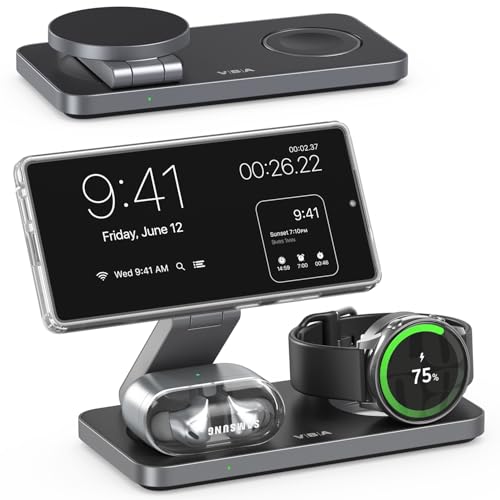 3 in 1 Foldable Magnetic Wireless Charging Station for Samsung Wireless Charger Stand for Galaxy S26 Ultra S25/S24 /Note 20/Flip 7/Fold 7 for Galaxy Watch Ultra/8/7/6 Galaxy Buds 3/3 Pro