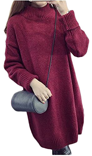 ニットワンピース ニットワンピ ワンピース レディース ニット セーター トップス チュニック ハイネック タートルネック リブ リブニット シンプル カジュアル ゆったり 秋冬 体型カバー 大きいサイズ フリーサイズ (レッド)