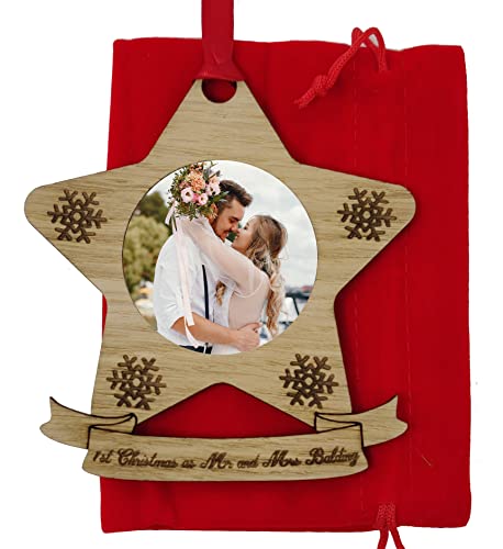 Décoration de sapin de Noël personnalisée avec texte personnalisé et image First Christmas as Mr & Mrs Famille Mariage Cover