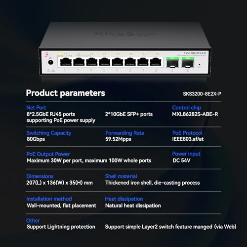 Image of 10-Port 2.5Gb Managed PoE Switch, 8X 2.5G PoE+ Ports (30W /Port, 100W Total), 2 x 10G SFP+, Fanless,Desktop /Wall Mount, for IP Cameras, NAS, WiFi 6 /7 APs