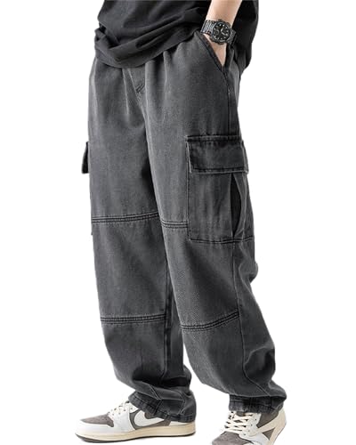 Men's Patchwork Jeans Loose Baggy Hip Hop Wash Straight Leg Denim Cargo Pants Drawstring