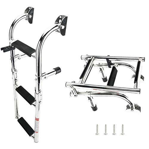 DasMarine 3 Step Folding Ladder Boat Marine Stainless Steel Pontoon Ladder Polished 2+1 Step (Mounting Screws are Included), 300-lbs. Weight Capacity